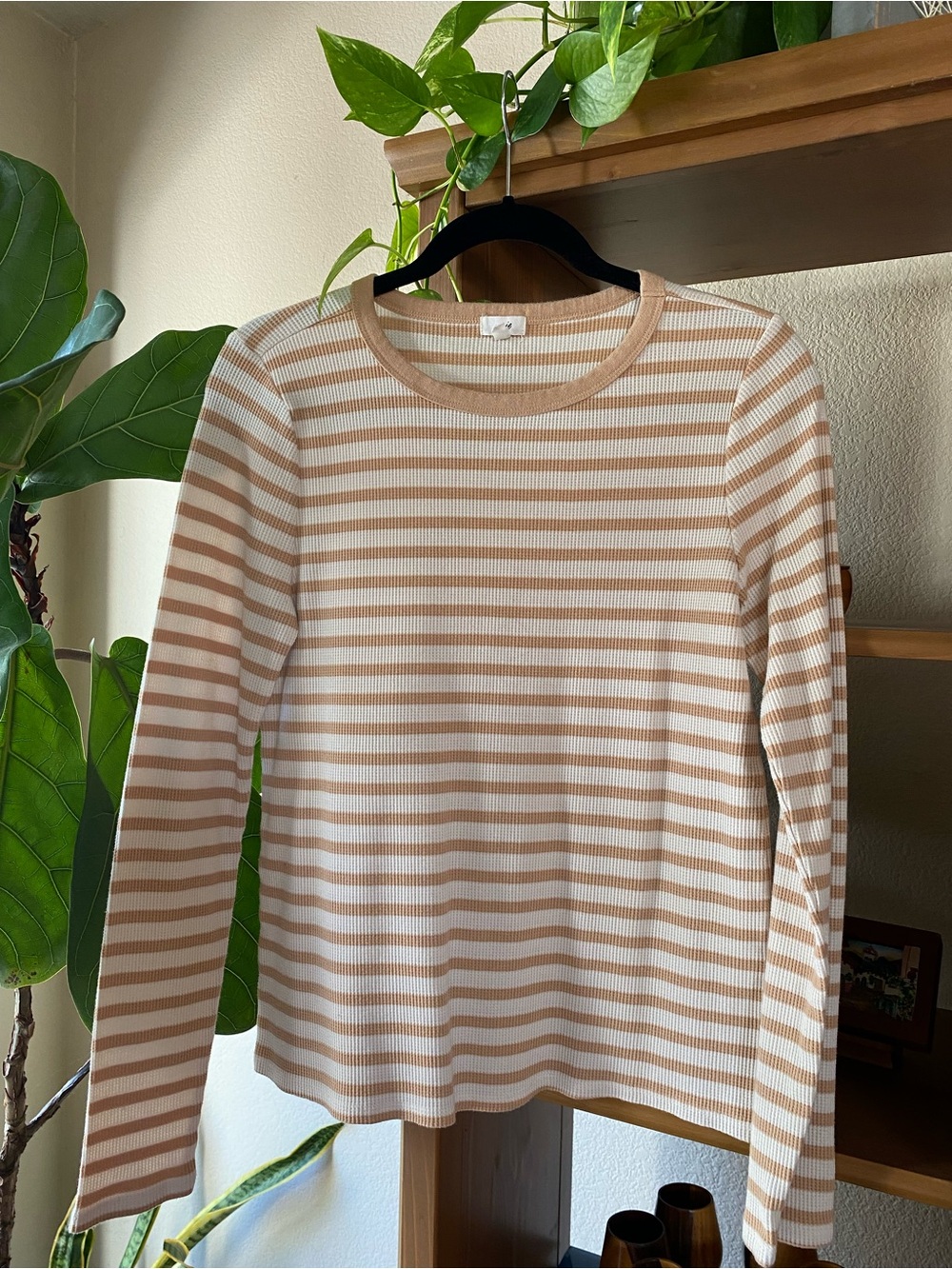 Aerie Cream & Tan Striped Ribbed Crew Sweater